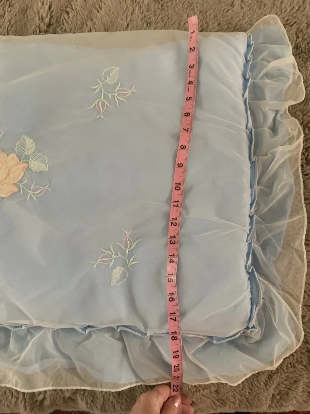 Vtg Leacril Layover Pillow Sham Light Blue Ruffle Roses Granny Victorian